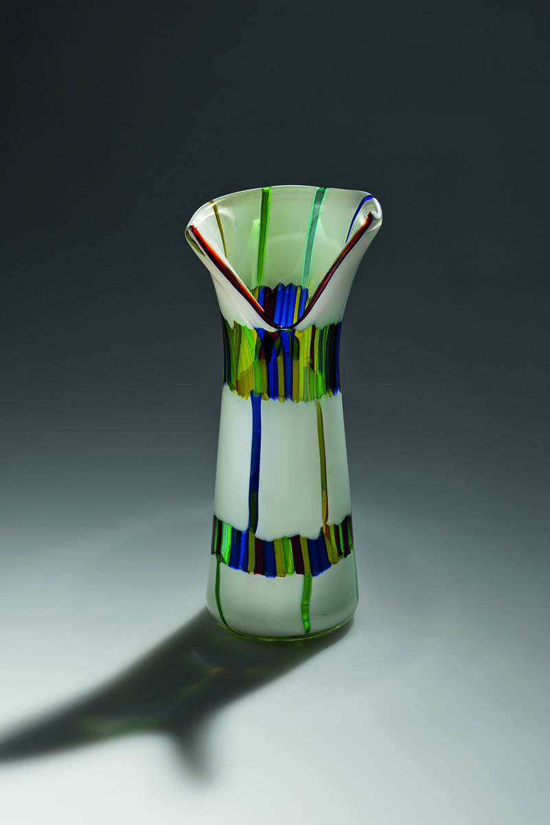 A canne and colored murrine vase, 1960, elegant glass vessel, grey cover, AVEM Arte Vetreria Muranese. Artistic Production 1932-1972 in white font to upper left.