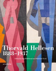 Multicolored abstract painting with sharp, organic shapes, on cover of 'Thorvald Hellesen, 1888-1937' by Arnoldsche Art Publishers.