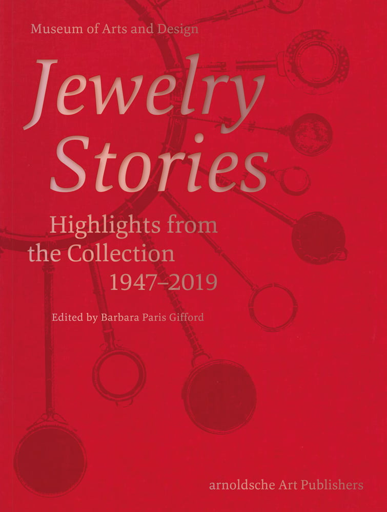 Red filter photo of jewellery piece, circular design drops, Jewelry Stories Highlights from the Collection 1947-2019 in grey font to upper left.