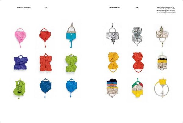 Red crushed metal sculpture, on white cover of 'Deganit Stern Schocken: How Many Is One, Jewellery / Objects / Installations', by Arnoldsche Art Publishers.