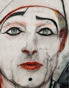 Sketch of nude figure with a black cat's head, on cover of 'Margit Koppendorfer, Costume Designs', by Arnoldsche Art Publishers.