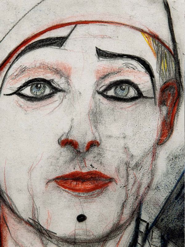 Sketch of nude figure with a black cat's head, on cover of 'Margit Koppendorfer, Costume Designs', by Arnoldsche Art Publishers.