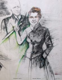 Sketch of nude figure with a black cat's head, on cover of 'Margit Koppendorfer, Costume Designs', by Arnoldsche Art Publishers.