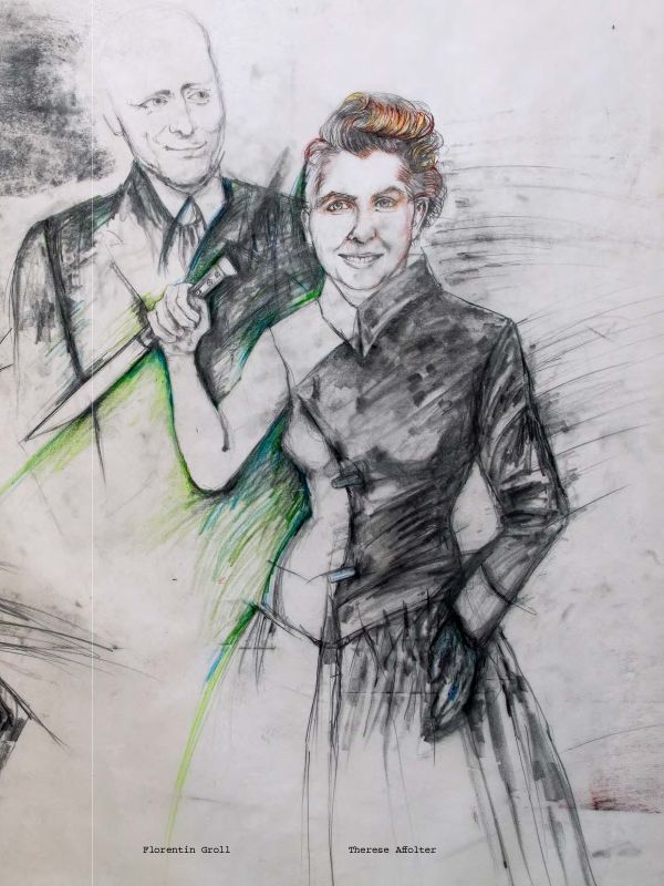 Sketch of nude figure with a black cat's head, on cover of 'Margit Koppendorfer, Costume Designs', by Arnoldsche Art Publishers.