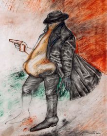 Sketch of nude figure with a black cat's head, on cover of 'Margit Koppendorfer, Costume Designs', by Arnoldsche Art Publishers.