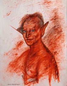 Sketch of nude figure with a black cat's head, on cover of 'Margit Koppendorfer, Costume Designs', by Arnoldsche Art Publishers.