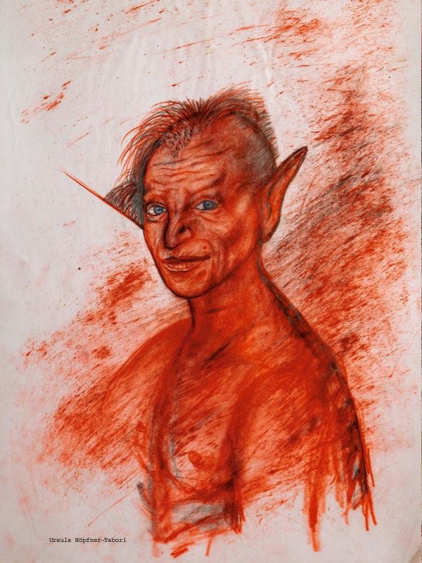 Sketch of nude figure with a black cat's head, on cover of 'Margit Koppendorfer, Costume Designs', by Arnoldsche Art Publishers.