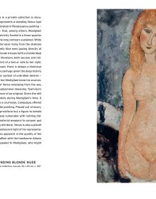 Modigliani's 1916 painting of Seated Nude with Modigliani in white font on dark red banner to left and Between Renaissance and Modernism in white font