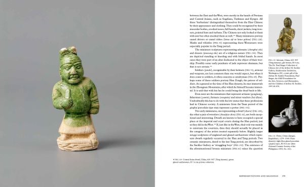 Miniature ceramic cow, Chinese figure leaning on opposite side, on black cover of 'Small China, Early Chinese Miniatures', by Arnoldsche Art Publishers.