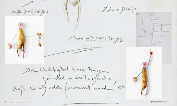 Bright gold rabbit-shaped figure on off white cover of 'Manfred Bischoff, Ding Dong', by Arnoldsche Art Publishers.