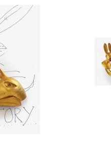 Bright gold rabbit-shaped figure on off white cover of 'Manfred Bischoff, Ding Dong', by Arnoldsche Art Publishers.