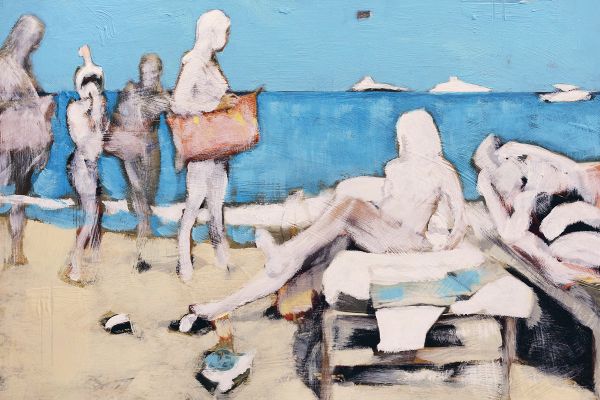 Book cover of Per Fronth: Evolution of Melancholy, featuring a painting with three figures on ski slopes. Published by Arnoldsche Art Publishers.