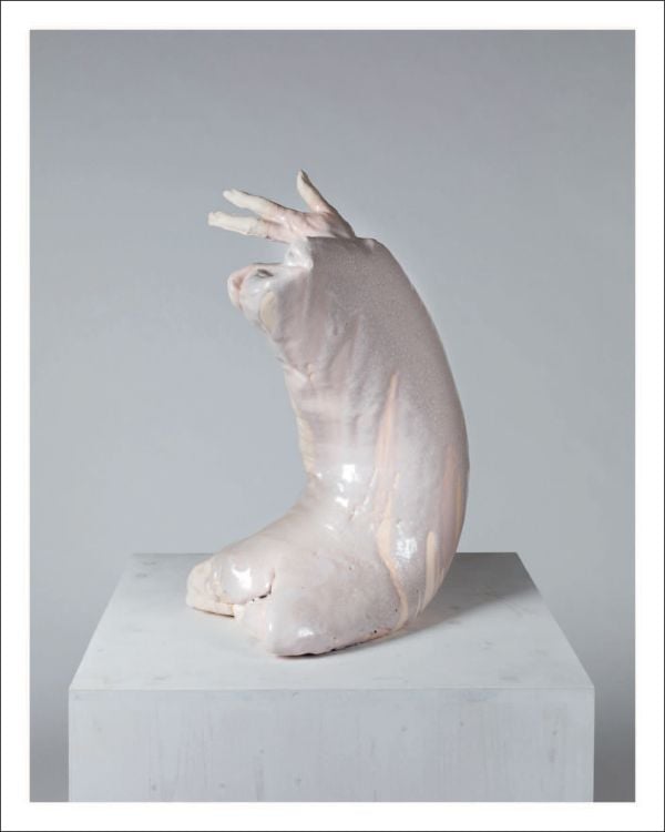 Deformed head like sculpture with ears glazed in white and pink sitting on fabric covered box, on cover of 'Erwin Wurm, Dissolution', by Arnoldsche Art Publishers.