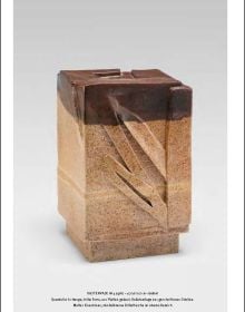 Brown and off white glazed ceramic pot with short base, on cover of 'Heidi Kippenberg', by Arnoldsche Art Publishers.