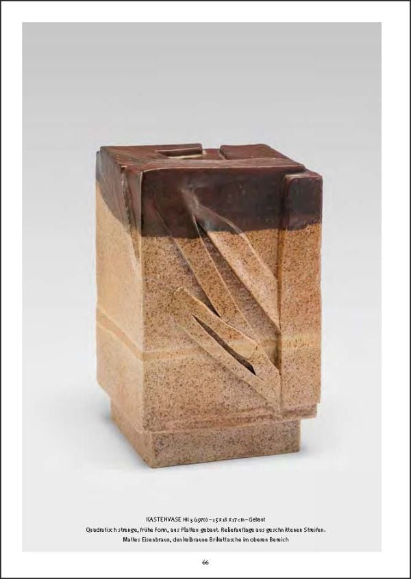 Brown and off white glazed ceramic pot with short base, on cover of 'Heidi Kippenberg', by Arnoldsche Art Publishers.