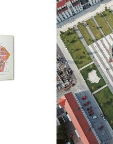 Geometric granite sculpture of map embedded in green grass, on cover of 'Claus Bury, Hanau New Town Map', by Arnoldsche Art Publishers.