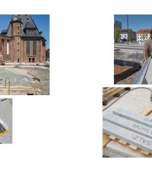 Geometric granite sculpture of map embedded in green grass, on cover of 'Claus Bury, Hanau New Town Map', by Arnoldsche Art Publishers.