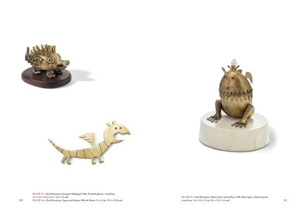 Book cover of Taming the Beast: Silver by Earl Krentzin, featuring a silver sculpture of open roofed car with bird at wheel, and creature balancing on orange egg to rear. Published by Arnoldsche Art Publishers.