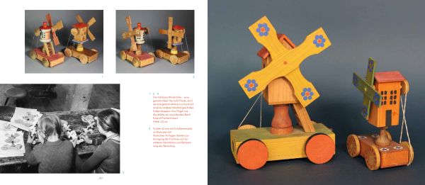 Collection of wooden toys: rocking horse and rider, tree, three geese, two folks, on cover of 'Max Schanz, Spielzeug Gestalten im Erzgebirge', by Arnoldsche Art Publishers.