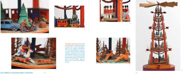 Collection of wooden toys: rocking horse and rider, tree, three geese, two folks, on cover of 'Max Schanz, Spielzeug Gestalten im Erzgebirge', by Arnoldsche Art Publishers.