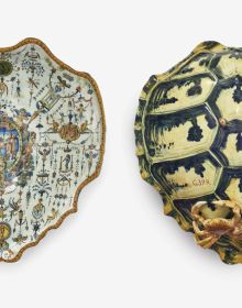 Book cover of Tin-Glaze and Image Culture, The MAK Maiolica Collection in Its Wider Context, featuring three pieces of Italian maiolica tableware. Published by Arnoldsche Art Publishers.