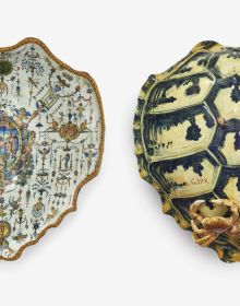 Three pieces of Italian maiolica tableware, on off-white cover, 'Tin-Glaze and Image Culture, The MAK Maiolica Collection in Its Wider Context', by Arnoldsche Art Publishers.