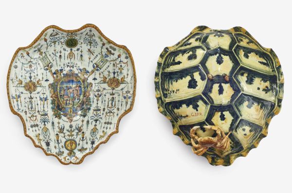 Book cover of Tin-Glaze and Image Culture, The MAK Maiolica Collection in Its Wider Context, featuring three pieces of Italian maiolica tableware. Published by Arnoldsche Art Publishers.