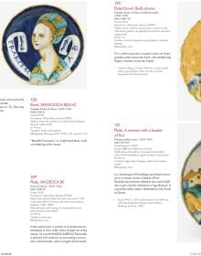 Three pieces of Italian maiolica tableware, on off-white cover, 'Tin-Glaze and Image Culture, The MAK Maiolica Collection in Its Wider Context', by Arnoldsche Art Publishers.