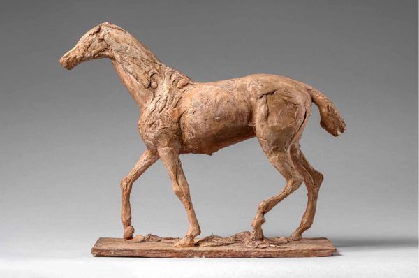 Pale grey cover of Gregory Hedberg's The Degas Plasters, Groundbreaking revelations about Degas’ sculpture and the Hébrard bronzes, featuring a plaster sculpture of female ballerina with one arm in air, on plinth. Published by Arnoldsche Art Publishers.