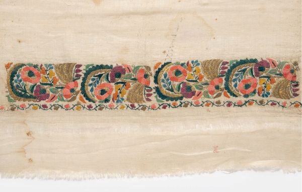 Book cover of In Trockenen Tüchern, Gewebtes und Besticktes aus dem Osmanischen Reich, featuring an off-white cloth with floral embroidery to bottom,. Published by Arnoldsche Art Publishers.