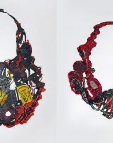 Book cover of Joyce J. Scott: Messages, with female modelling large, intricate beaded neck piece. Published Arnoldsche Art Publishers.