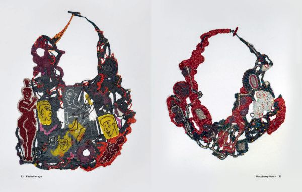 Book cover of Joyce J. Scott: Messages, with female modelling large, intricate beaded neck piece. Published Arnoldsche Art Publishers.