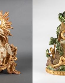 Book cover of Taschenuhrständer – Pocket-Watch Stands – Porte-montre, with an ornate pocket watch stand featuring a green bird to top. Published by Arnoldsche Art Publishers.