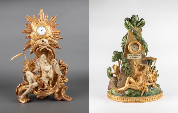 Book cover of Taschenuhrständer – Pocket-Watch Stands – Porte-montre, with an ornate pocket watch stand featuring a green bird to top. Published by Arnoldsche Art Publishers.