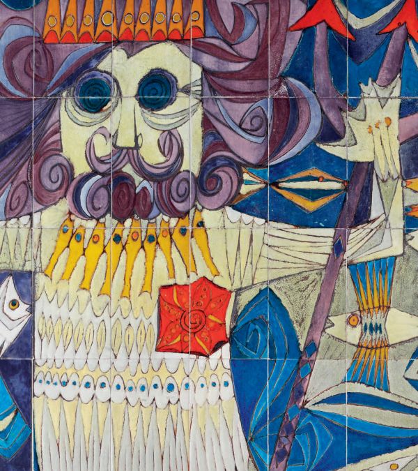 Book cover of Aus der Fläche in den Raum, with decorative ceramic tiles in orange and blue. Published by Arnoldsche Art Publishers.