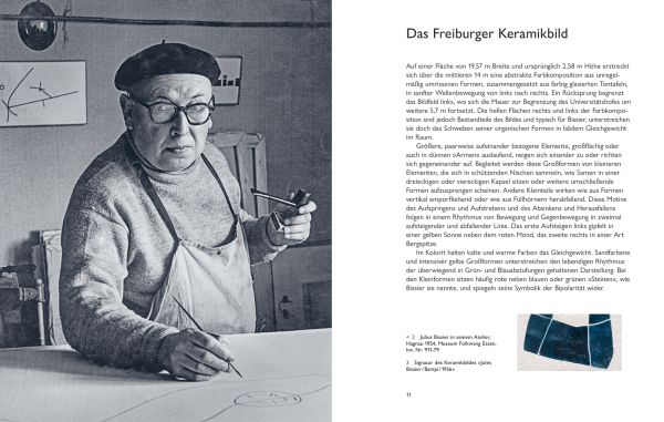 Glazed ceramic pieces on white wall, of yellow circle with dark blue and green abstract shapes, on cover of 'Julius Bissier und Richard Bampi, Das Freiburger Keramikbild', by Arnoldsche Art Publishers.