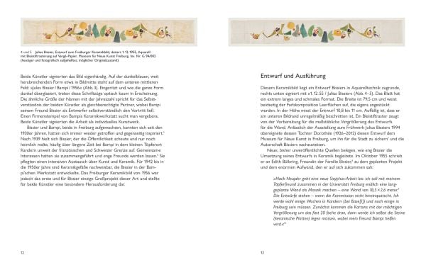 Glazed ceramic pieces on white wall, of yellow circle with dark blue and green abstract shapes, on cover of 'Julius Bissier und Richard Bampi, Das Freiburger Keramikbild', by Arnoldsche Art Publishers.