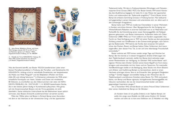 Glazed ceramic pieces on white wall, of yellow circle with dark blue and green abstract shapes, on cover of 'Julius Bissier und Richard Bampi, Das Freiburger Keramikbild', by Arnoldsche Art Publishers.