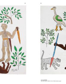 Book cover of The !Xun & Khwe Art Project: Contemporary Art by the San People from South Africa. Collection Hella Rabbethge-Schiller, with painting in red and green, with a horned animal. Published by Arnoldsche Art Publishers.