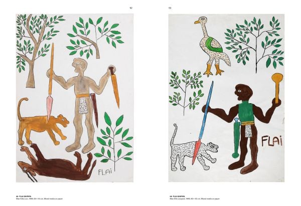 Book cover of The !Xun & Khwe Art Project: Contemporary Art by the San People from South Africa. Collection Hella Rabbethge-Schiller, with painting in red and green, with a horned animal. Published by Arnoldsche Art Publishers.