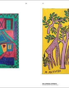 Book cover of The !Xun & Khwe Art Project: Contemporary Art by the San People from South Africa. Collection Hella Rabbethge-Schiller, with painting in red and green, with a horned animal. Published by Arnoldsche Art Publishers.