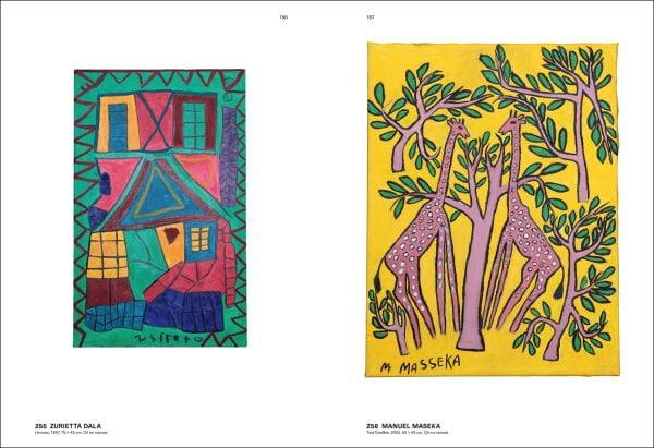 Book cover of The !Xun & Khwe Art Project: Contemporary Art by the San People from South Africa. Collection Hella Rabbethge-Schiller, with painting in red and green, with a horned animal. Published by Arnoldsche Art Publishers.