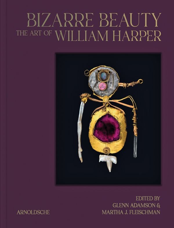 Book cover of Bizarre Beauty: The Art of William Harper, with a piece of sculptural jewelry in shape of figure. Published by Arnoldsche Art Publishers.