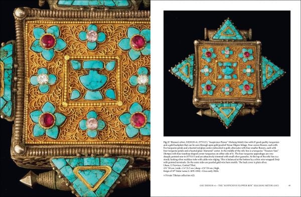 Book cover of Lynn Levenberg's Tibetan Women’s Jewelry, with a Tibetan Ga’u Box set with Turquoise and glass Dzi Beads. Published by Arnoldsche Art Publishers.