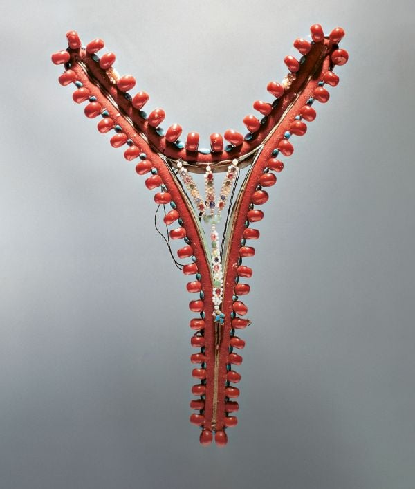 Book cover of Lynn Levenberg's Tibetan Women’s Jewelry, with a Tibetan Ga’u Box set with Turquoise and glass Dzi Beads. Published by Arnoldsche Art Publishers.