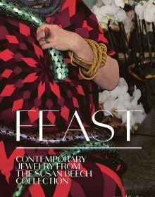 Book cover of Feast: Contemporary Jewelry from the Susan Beech Collection, featuring a figure in red dress wearing a large gold bangle made of cord. Published by Arnoldsche Art Publishers.