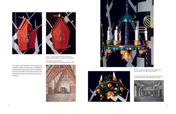 Book cover of Berlin Deko: Central European Furniture from 1910 to 1930, featuring a carved figure on the side of a piece of wood furniture. Published by Arnoldsche Art Publishers.