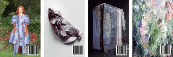 Book cover of Textile Practices: Forty Female Artists and Designers from Europe; featuring a model in a large blue floral dress. Published by Arnoldsche Art Publishers.