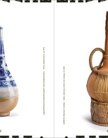 Book cover of Aufgetischt: Eine kulinarische Weltreise. Zur Kultur des Essens und Trinkens; featuring a metal contraption and a brown paper bag. Published by Arnoldsche Art Publishers.