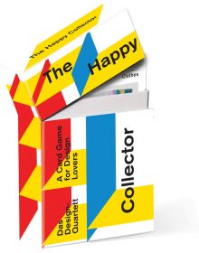 Red, blue, yellow and white cover of card box with open lid of 'The Happy Collector, A Card Game for Design Lovers', by Avedition Gmbh.